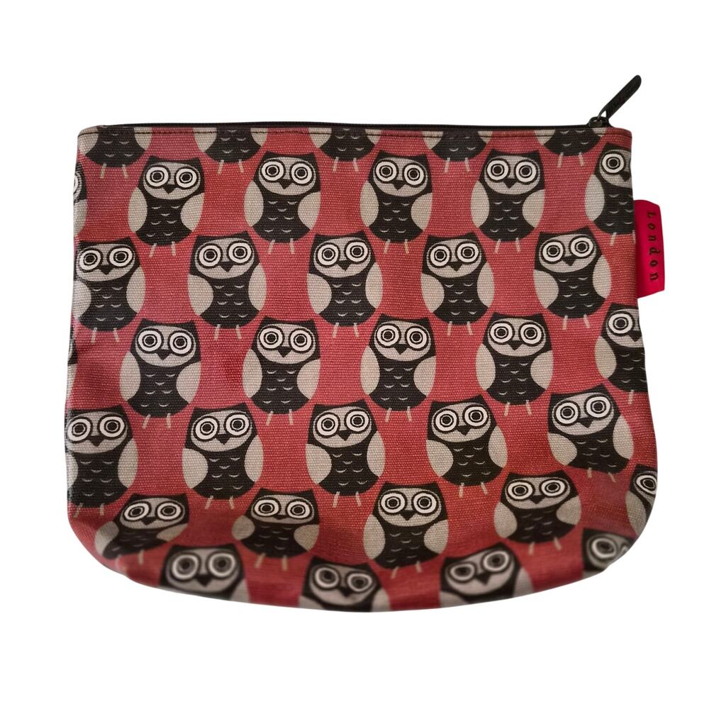 Nicky James London Owl Print Makeup Bag Red Canvas Cosmetic Pouch Case